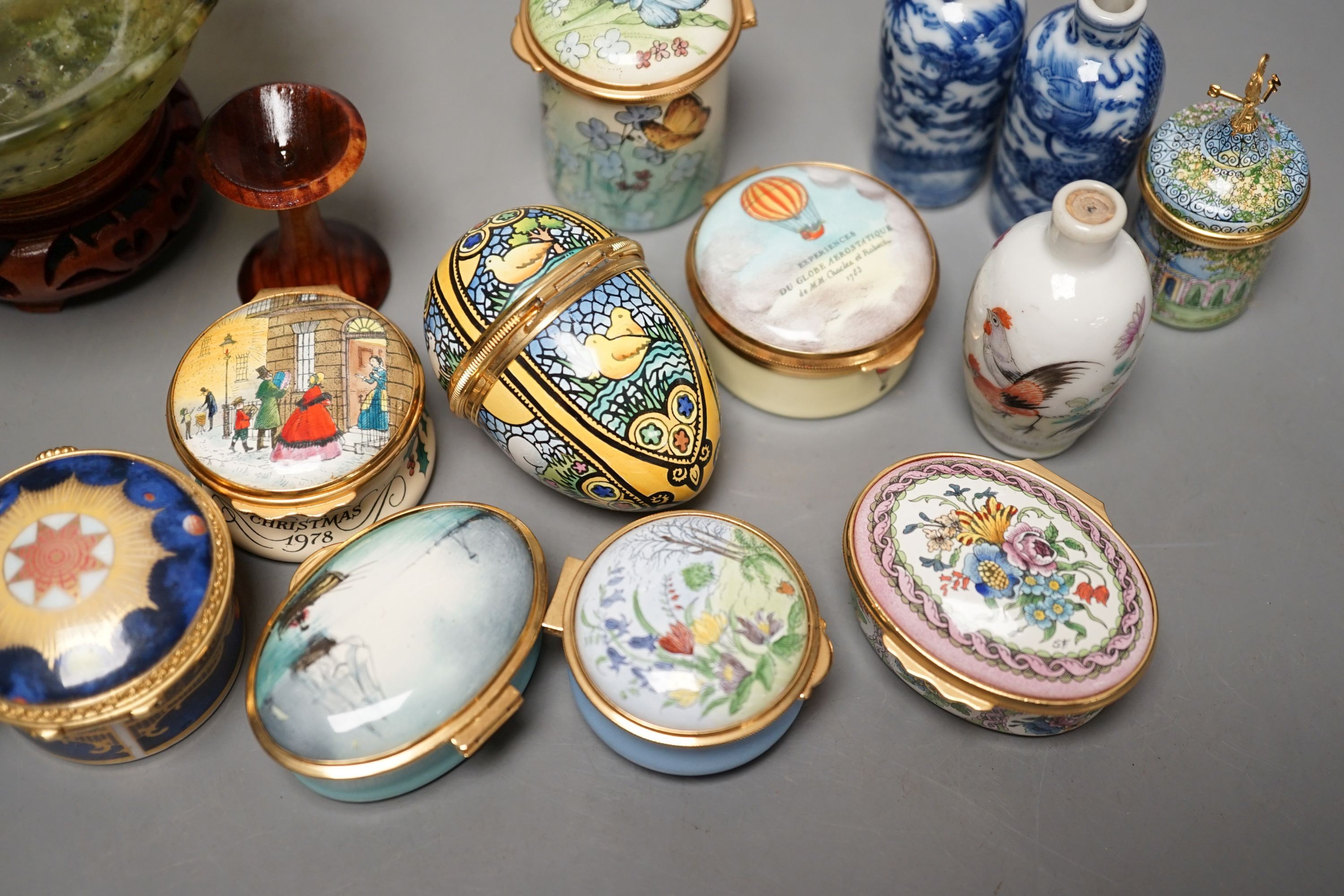 Mixed group of Halcyon days enamel boxes and a green Hardstone bowl
